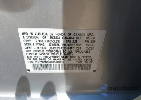 2006 Honda Ridgeline Rtl from USA, damaged, VIN 2HJYK16596H570987